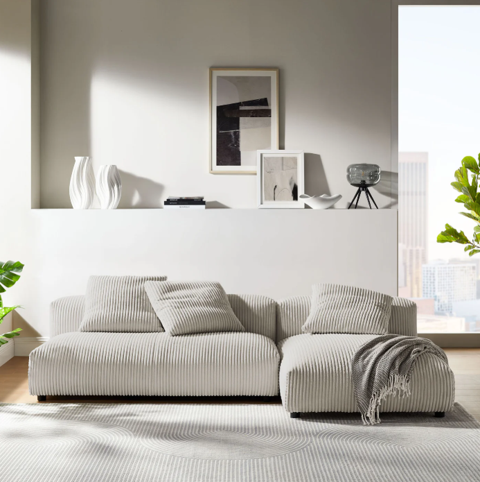 2-Piece Modular Corduroy Upholstered Sectional Sofa With Chaise