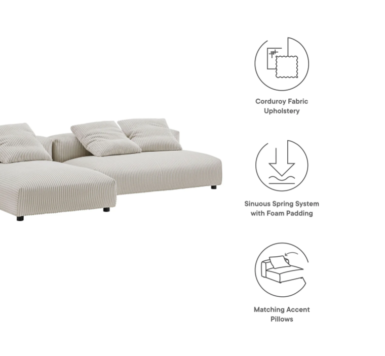 2-Piece Modular Corduroy Upholstered Sectional Sofa With Chaise