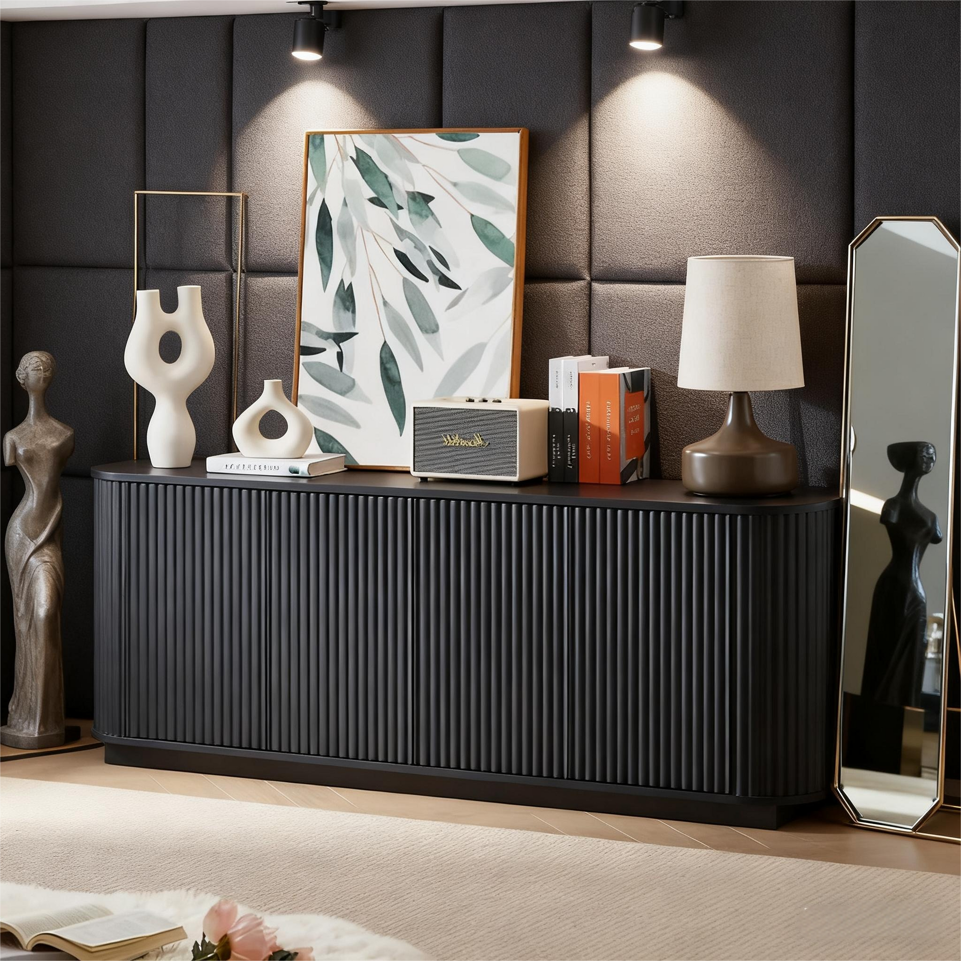 Elegant Fall Walnut Sideboard Cabinet with Adjustable Shelves and Wave Design