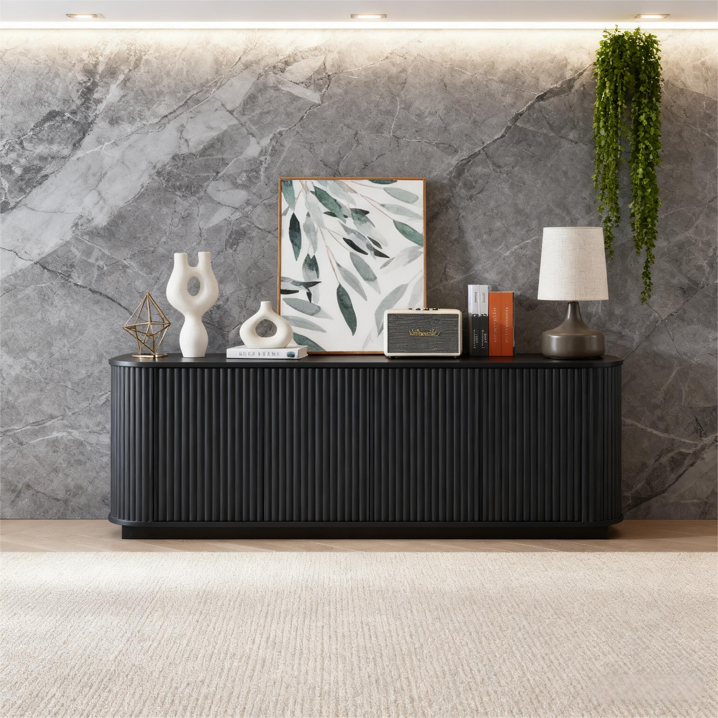 Elegant Fall Walnut Sideboard Cabinet with Adjustable Shelves and Wave Design