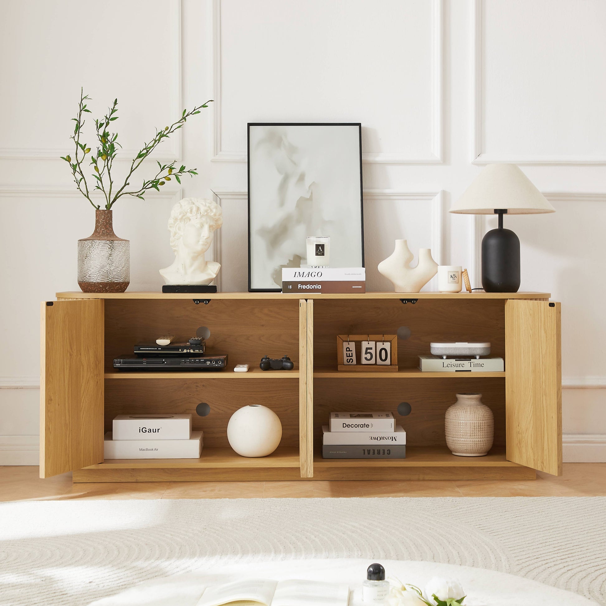Elegant Fall Walnut Sideboard Cabinet with Adjustable Shelves and Wave Design
