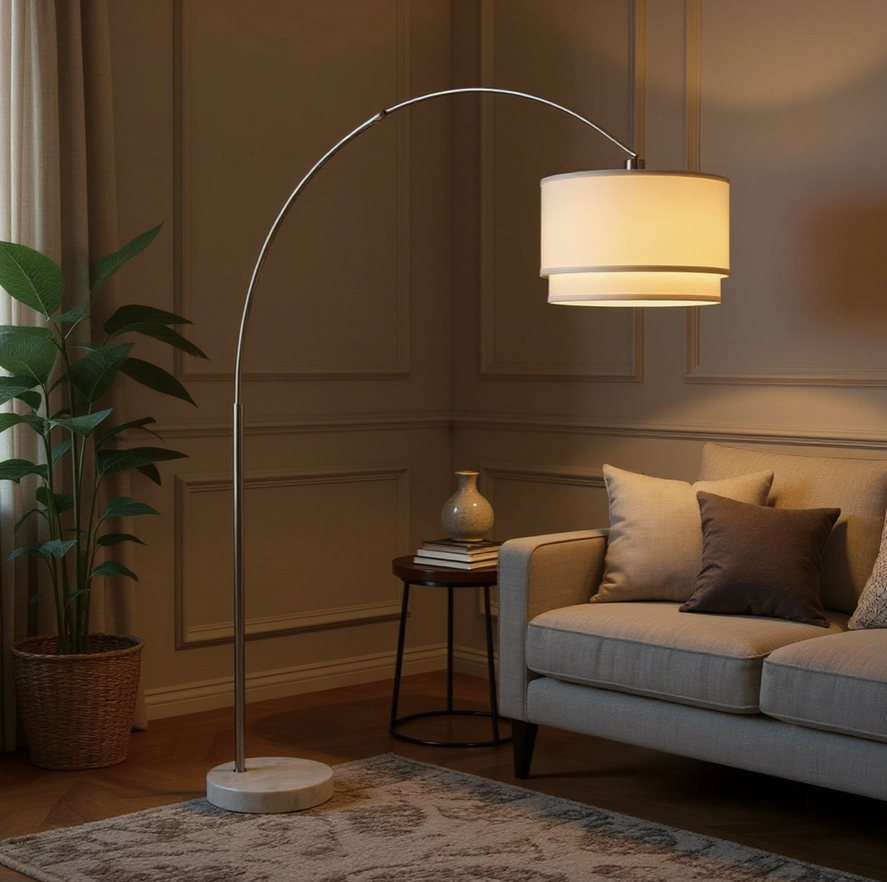Modern Arc Floor Lamp with Double Shade and Marble Base