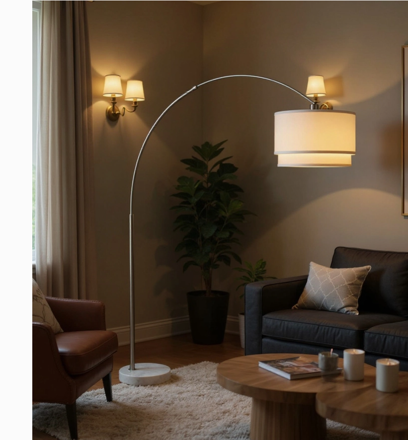 Modern Arc Floor Lamp with Double Shade and Marble Base