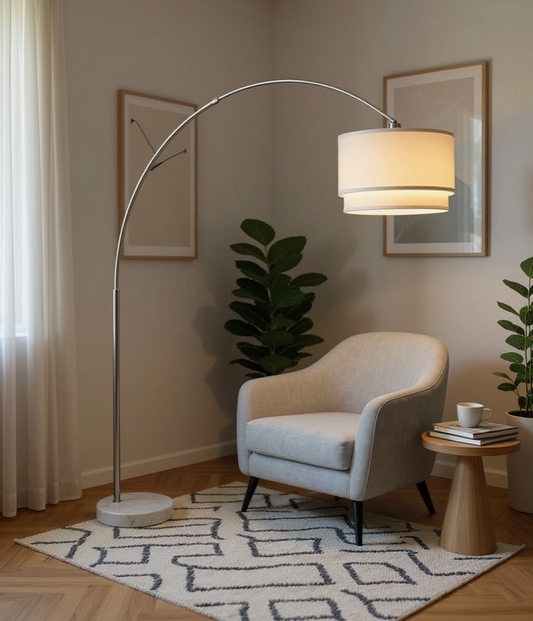 Modern Arc Floor Lamp with Double Shade and Marble Base
