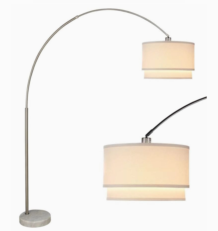 Modern Arc Floor Lamp with Double Shade and Marble Base