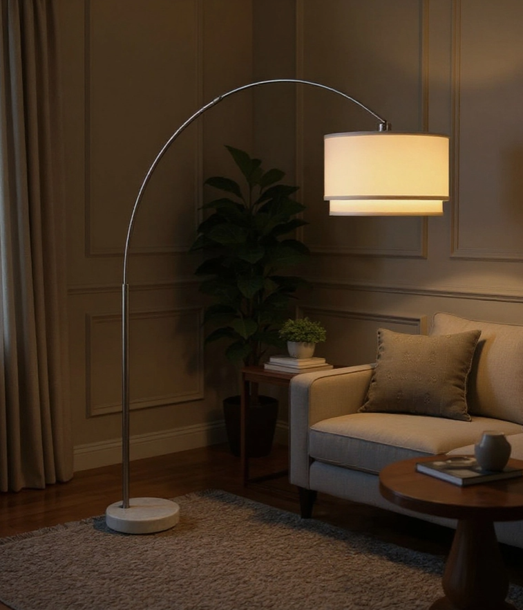 Modern Arc Floor Lamp with Double Shade and Marble Base