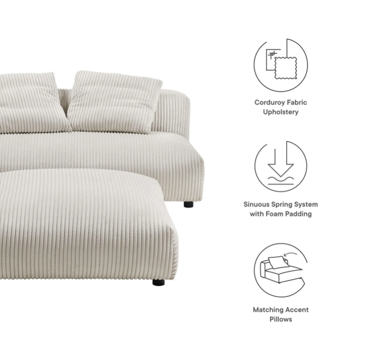 Solace Modular Corduroy Upholstered Armless Loveseat and Ottoman Set