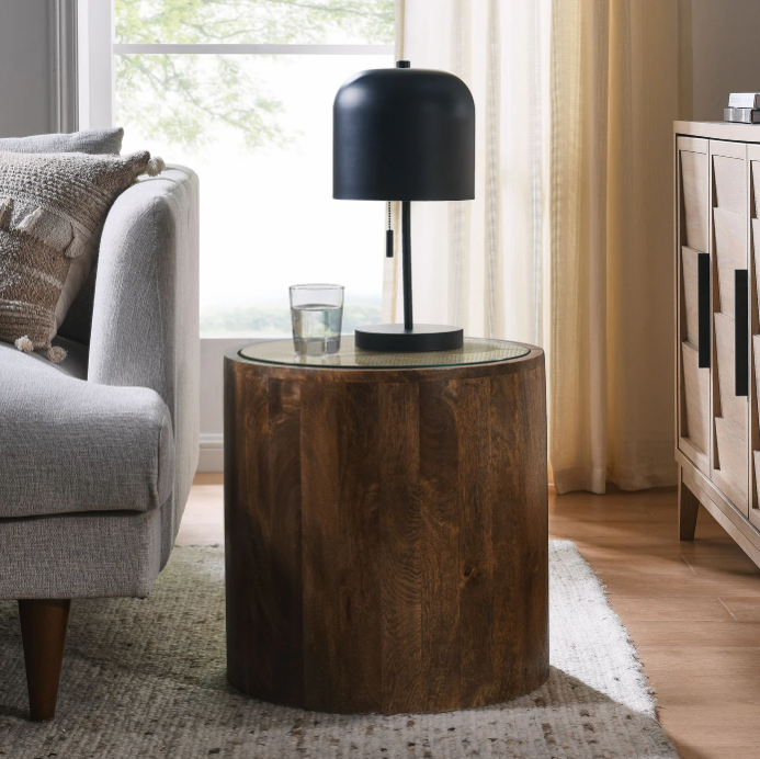 Truett Round Wood Rattan Side Table