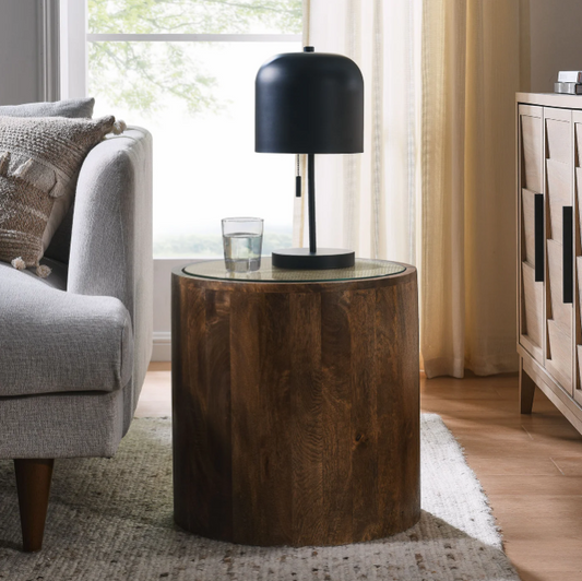 Truett Round Wood Rattan Side Table