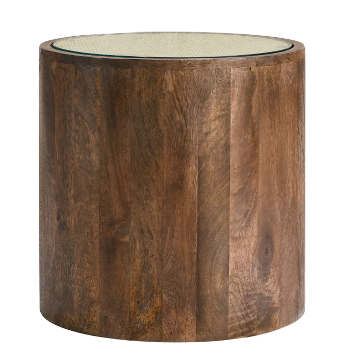 Truett Round Wood Rattan Side Table