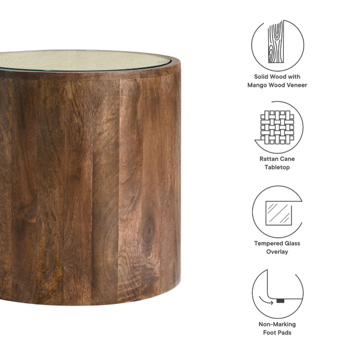 Truett Round Wood Rattan Side Table