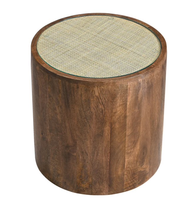 Truett Round Wood Rattan Side Table